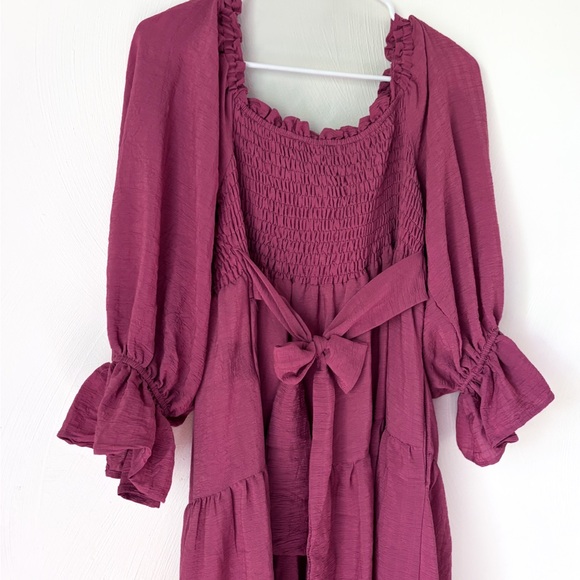 &Merci Smocked Midi Dress Ruffle Bow Square Neck Puff Sleeve Dark Mauve - Picture 5 of 8
